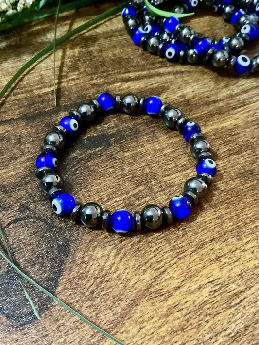 Evil Eye & Hematite 8mm Lampe Glas Stretchy Armband