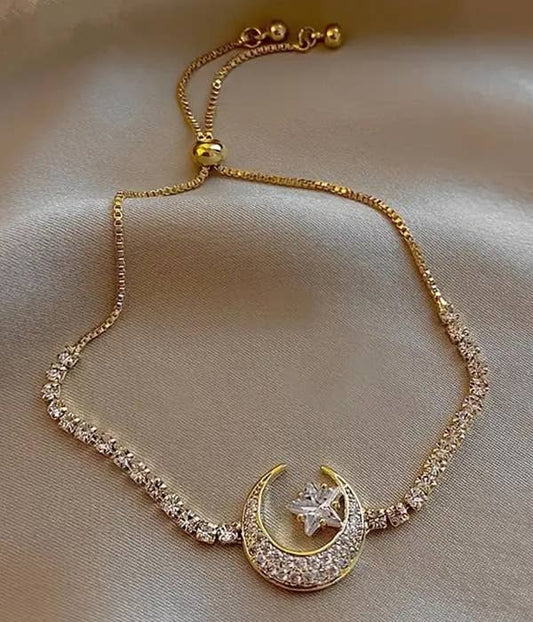 Star & Moon Pull Chain Goldarmband mit Rheinsteinen