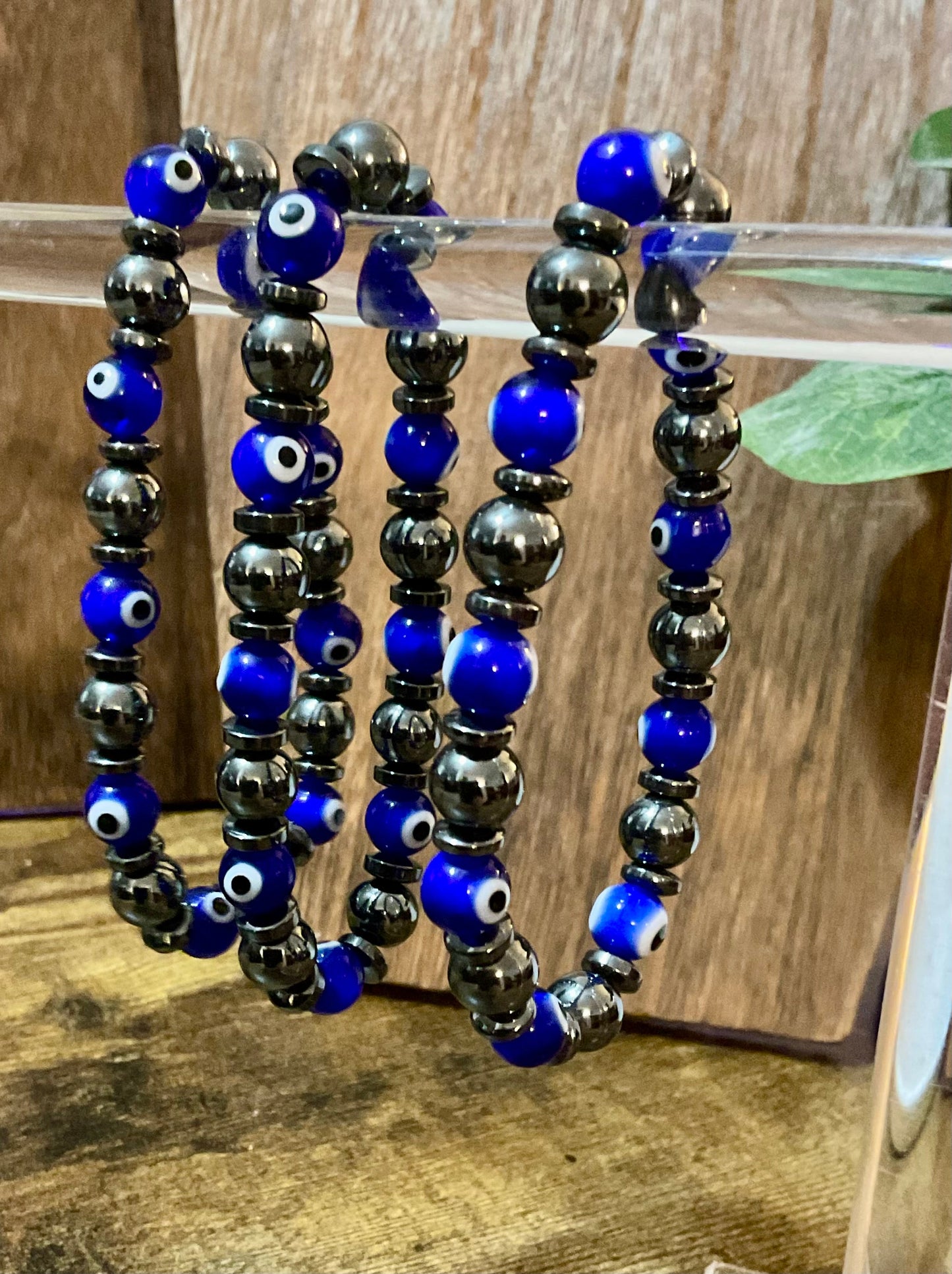 Evil Eye & Hematite 8mm Lampe Glas Stretchy Armband