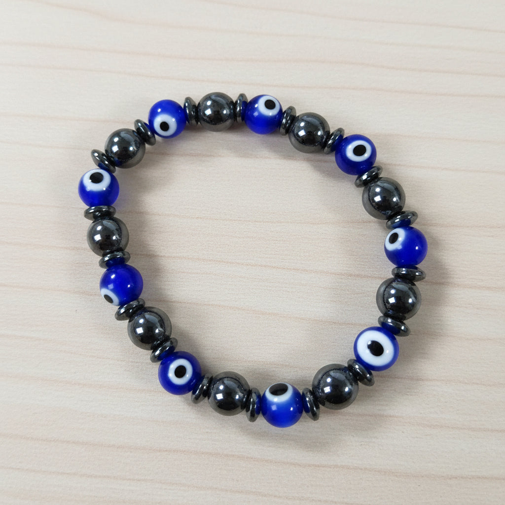Evil Eye & Hematite 8mm Lampe Glas Stretchy Armband