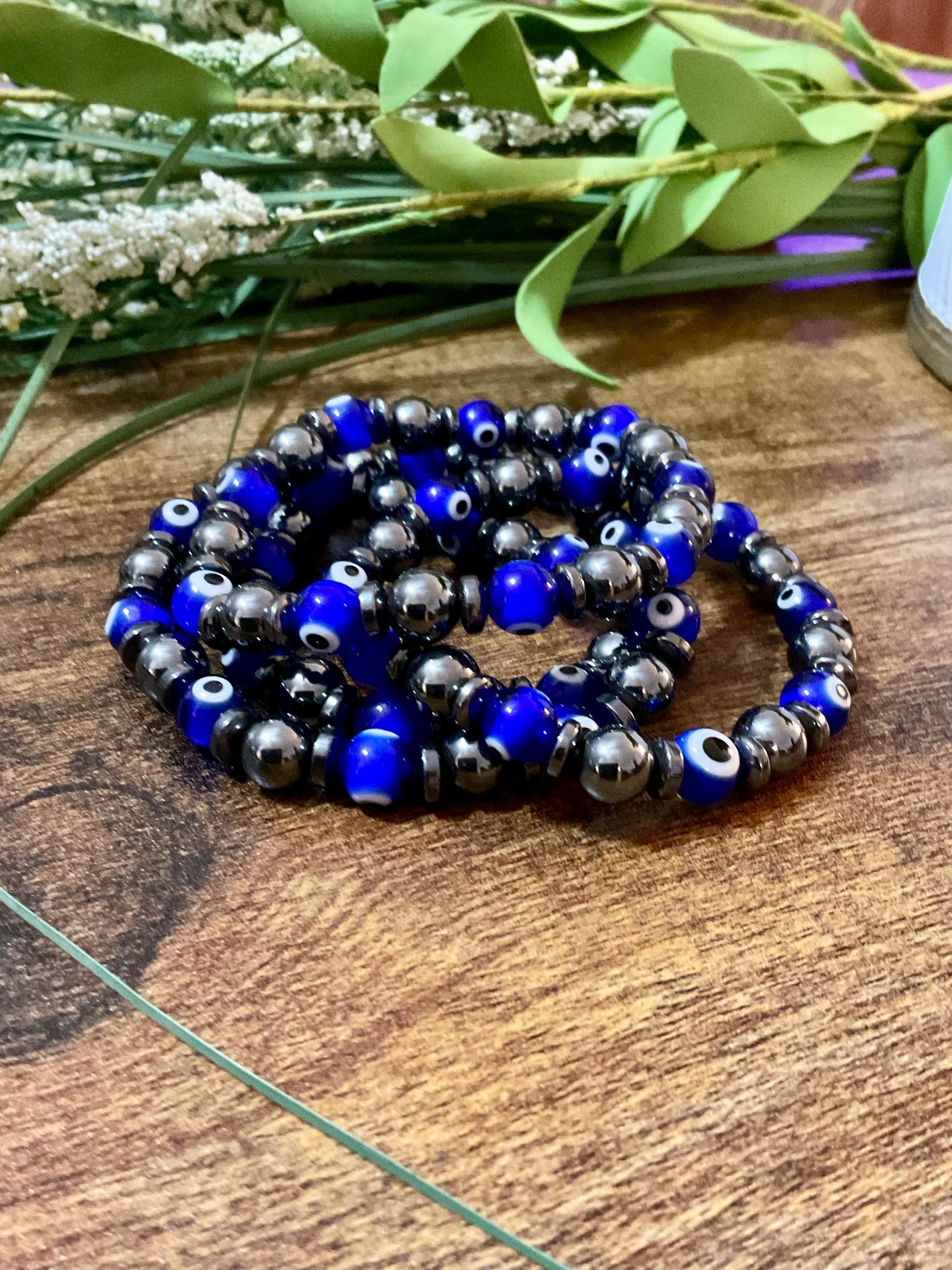Evil Eye & Hematite 8mm Lampe Glas Stretchy Armband