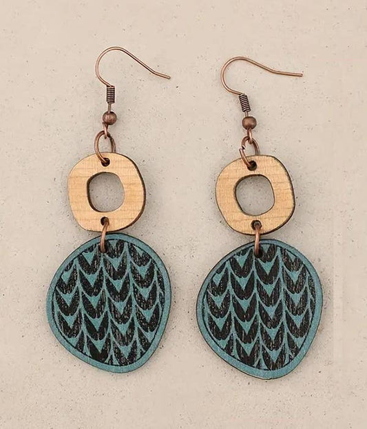 Organic Disc und Ring Wood Drop Ohrringe Schwarz und Blau Design