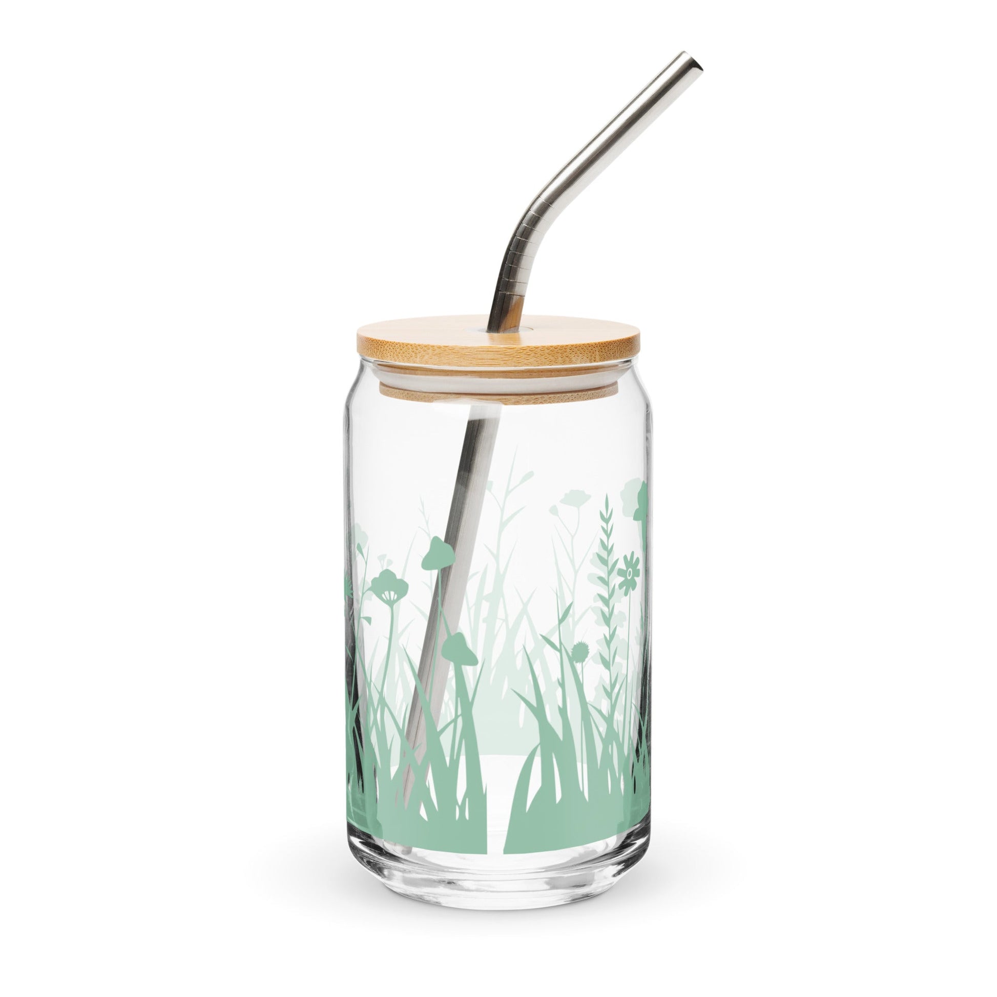 Wiesenblumen Glasbecher mit optionalem Bambusdeckel und Stroh