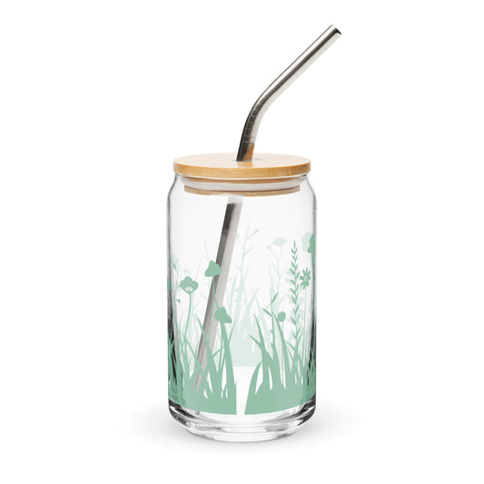 Wiesenblumen Glasbecher mit optionalem Bambusdeckel und Stroh