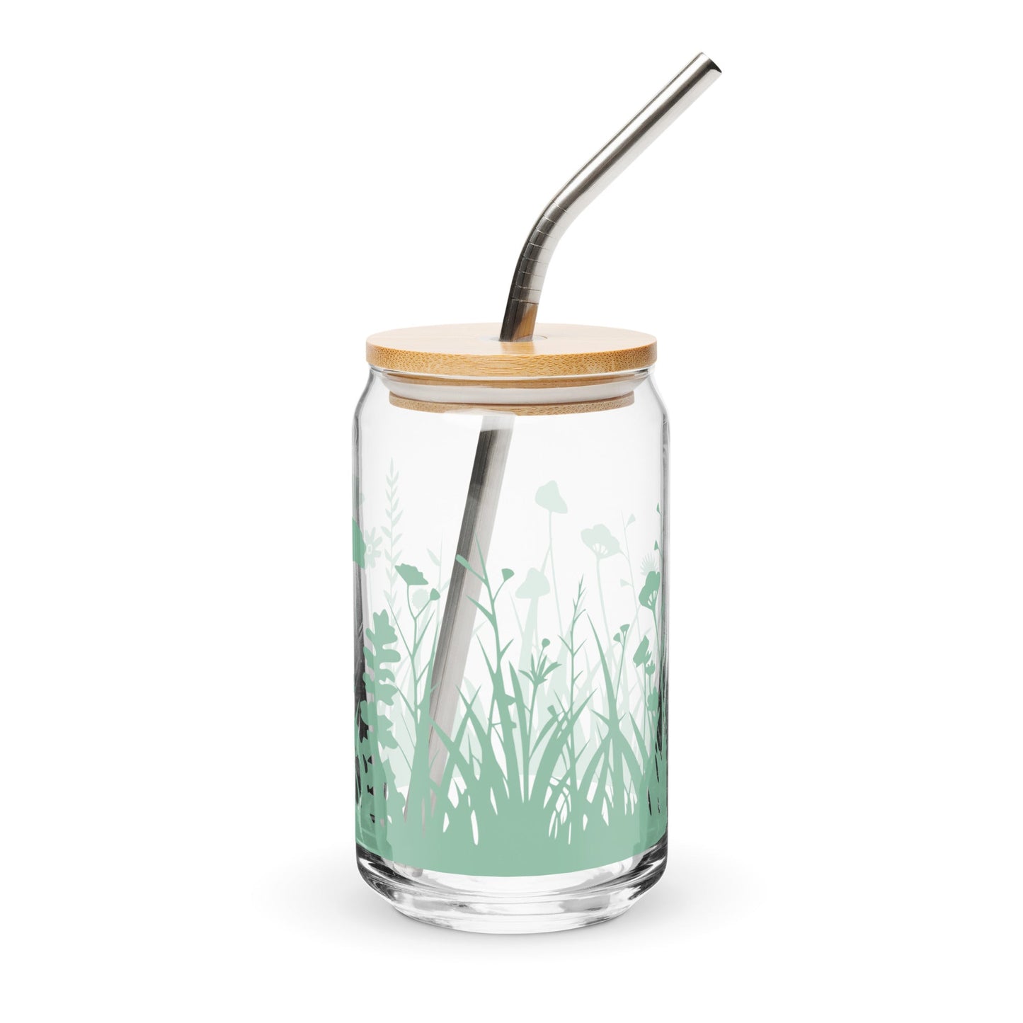 Wiesenblumen Glasbecher mit optionalem Bambusdeckel und Stroh