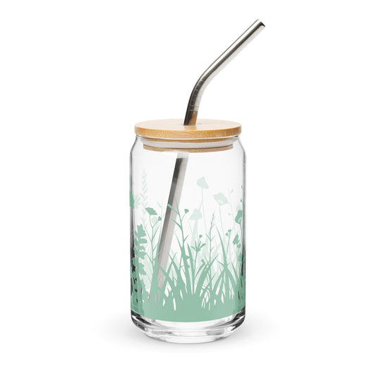 Wiesenblumen Glasbecher mit optionalem Bambusdeckel und Stroh