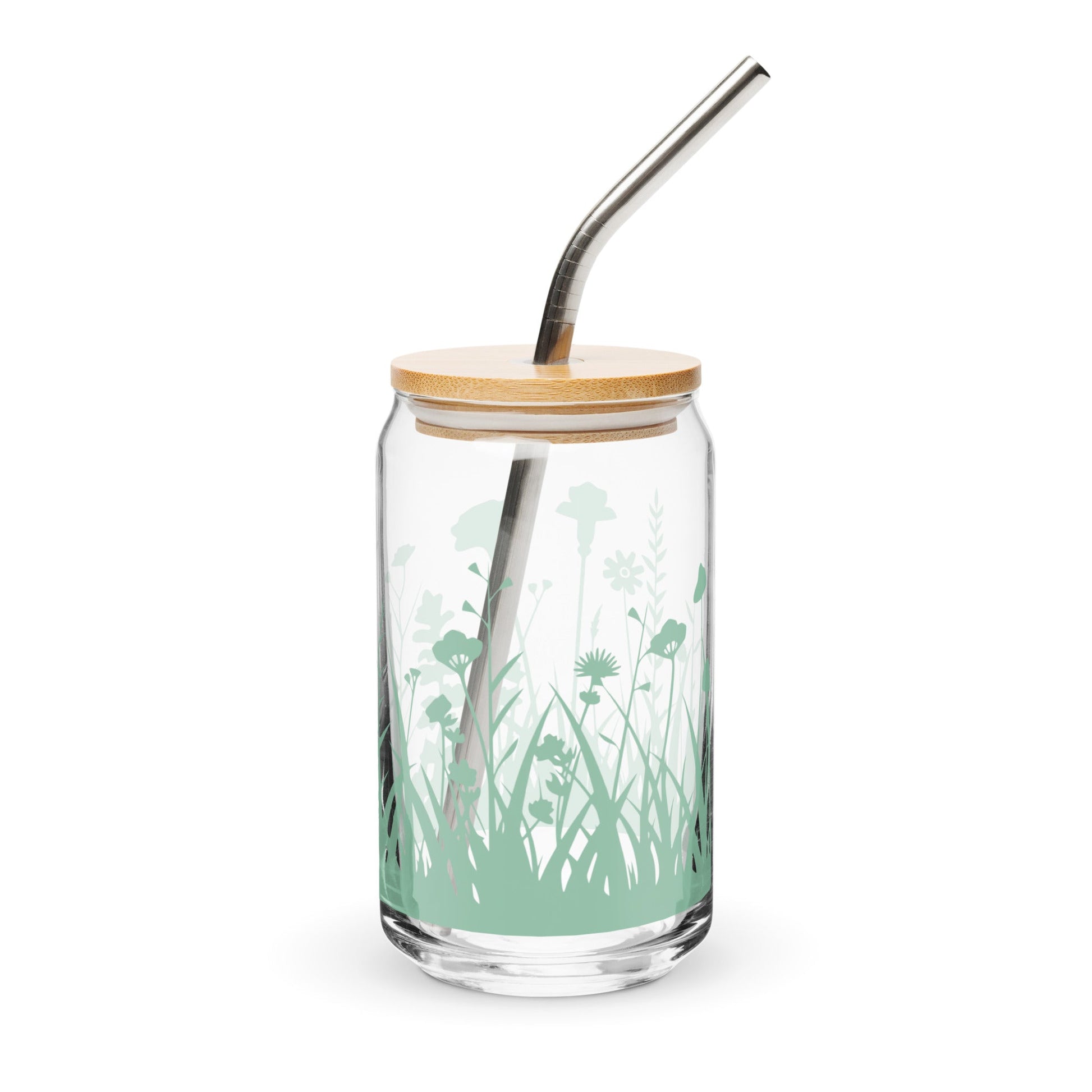 Wiesenblumen Glasbecher mit optionalem Bambusdeckel und Stroh