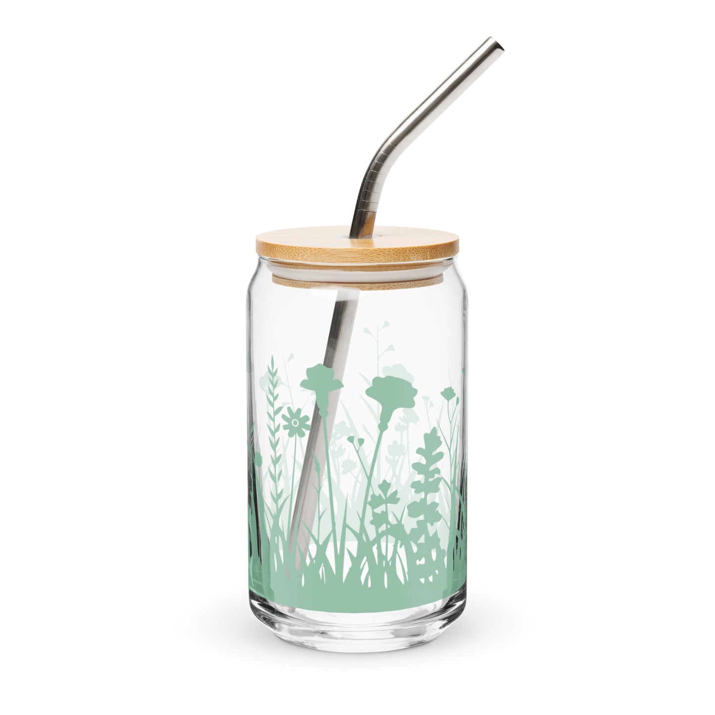 Wiesenblumen Glasbecher mit optionalem Bambusdeckel und Stroh