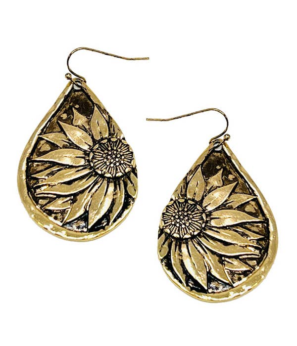Vintage Gold Metall Sonnenblumen-Teardrop-Ohrringe