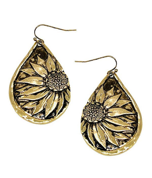 Vintage Gold Metall Sonnenblumen-Teardrop-Ohrringe